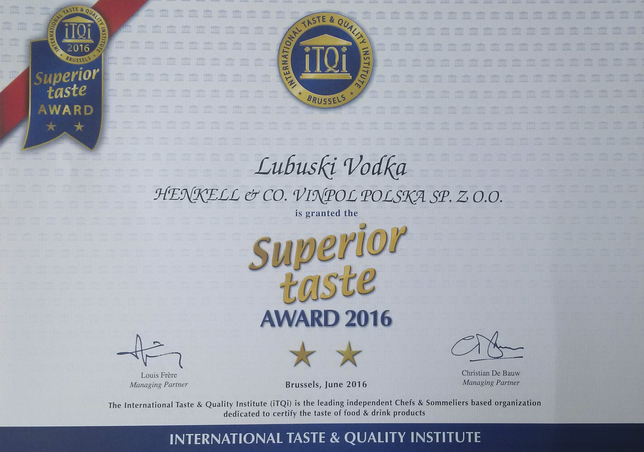 Lubuski Vodka nagrodzona Superior Taste Award 2016