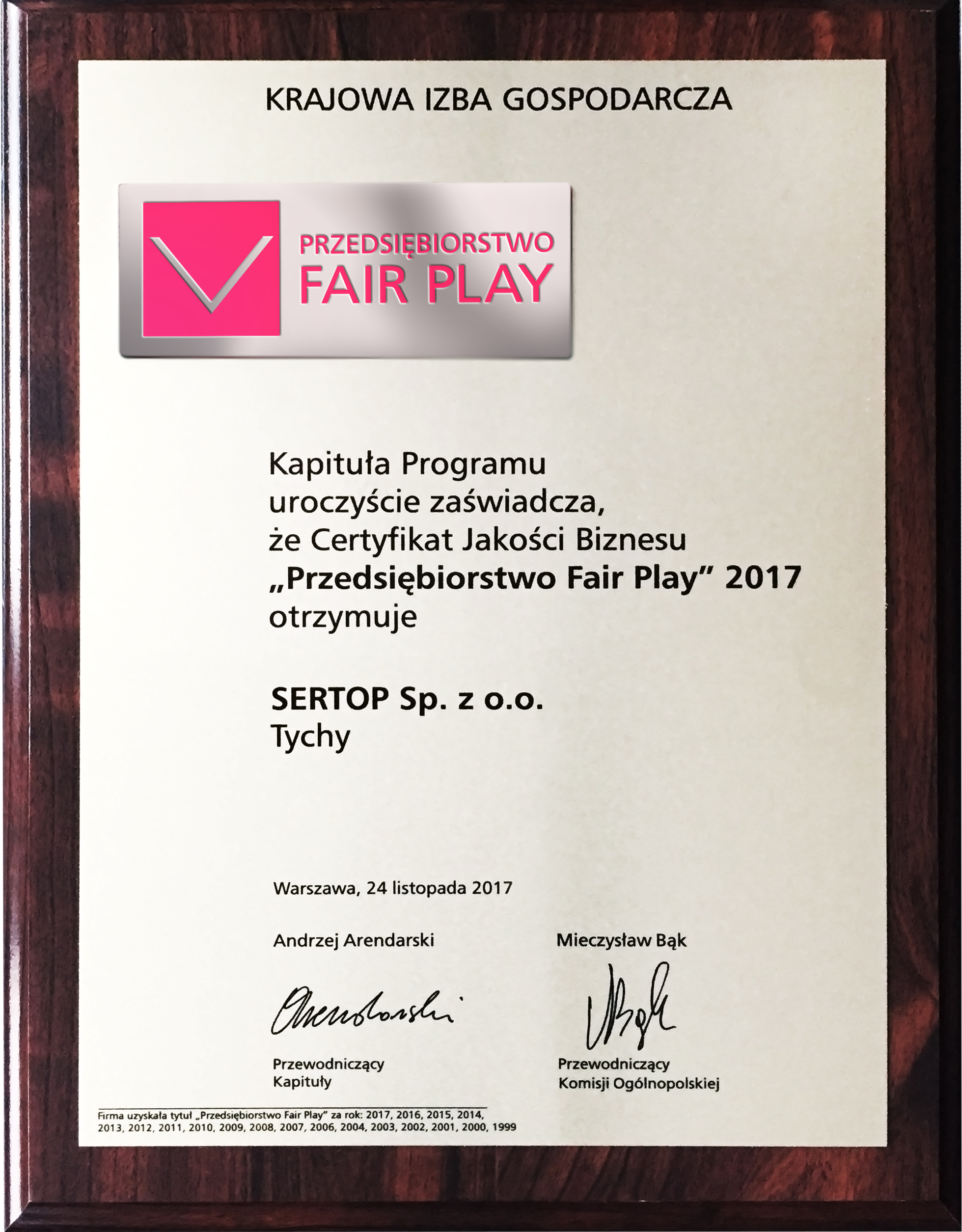 SERTOP – Przedsiębiorstwem Fair Play 2017r.