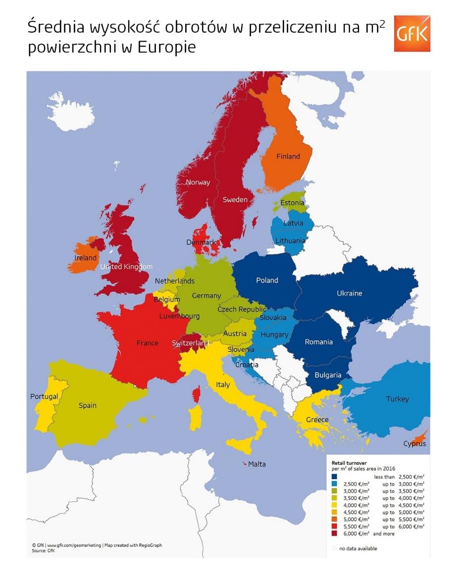 Wielkość obrotów w przeliczeniu na metr kwadratowy powierzchni w Europie