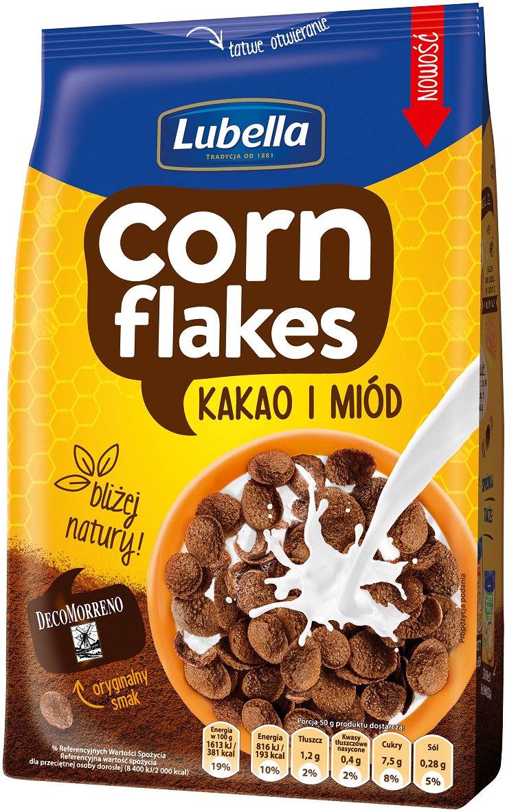 Płatki Corn Flakes Kakao i Miód  od Lubelli