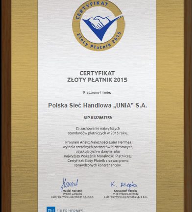 Polska Sieć Handlowa „Unia” laureatem Plebiscytu Złoty Płatnik 2015