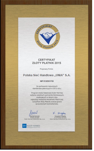 Polska Sieć Handlowa „Unia” laureatem Plebiscytu Złoty Płatnik 2015