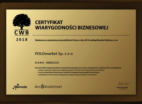 Certyfikat Wiarygodności Biznesowej 2018 dla POLOmarket