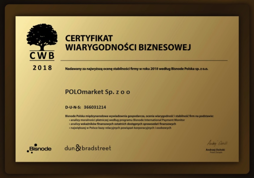 Certyfikat Wiarygodności Biznesowej 2018 dla POLOmarket